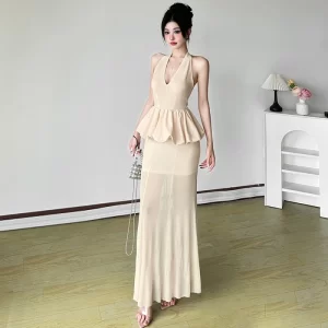 kf-S0d65a64be0644f2e9784d64bdea5257ez SylCue Mesh Patchwork Fashion Backless Dress Women Halter Low-Neck Off Shoulders Ruffles Prom Party Ruched Elegant Long Bodycon