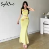 Sylcue 2025 Summer Solid Color Rose Tight Sexy Mature Beautiful High Street Personality Cool Women'S Thin Pleated Sling Dress