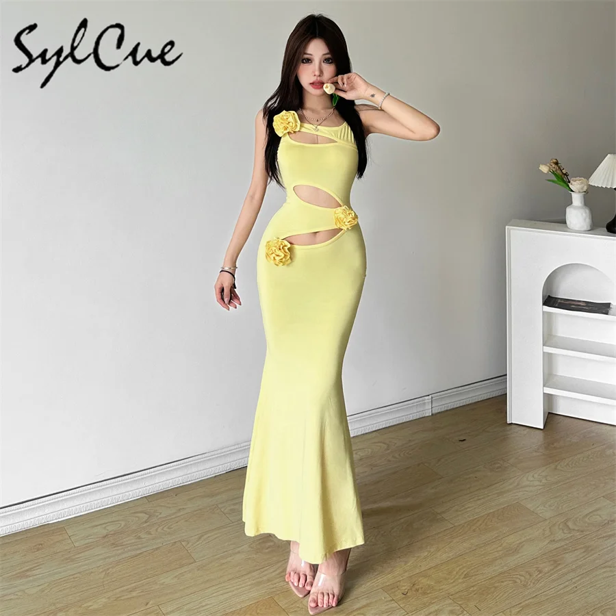 Sylcue 2025 Summer Solid Color Rose Tight Sexy Mature Beautiful High Street Personality Cool Women'S Thin Pleated Sling Dress