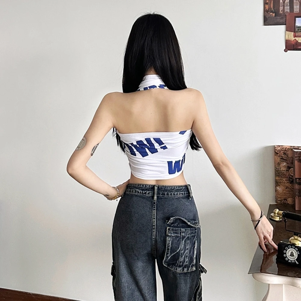 SylCue Sexy Hipster Vest Women Letter Print Halter Off Shoulder Backless Navel Exposed Tops Hip-hop Style Fashion Streetwear - Image 2