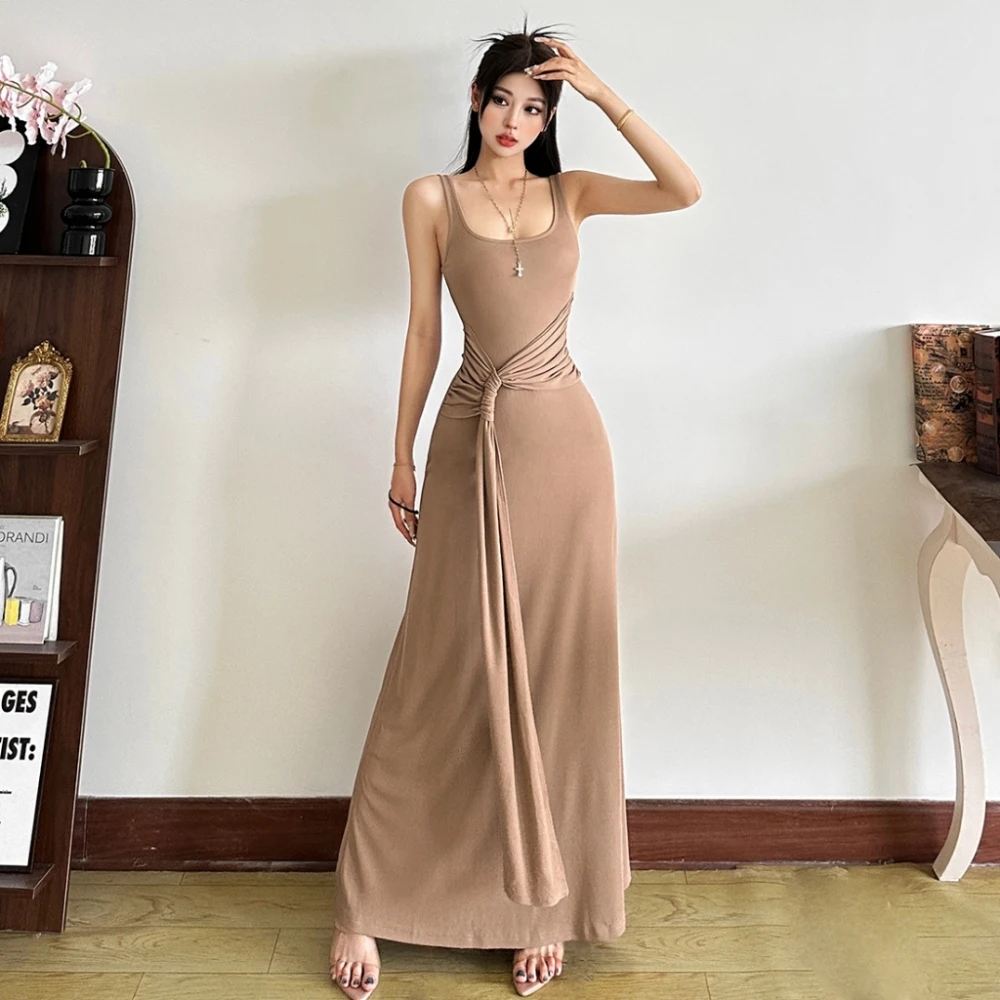 SylCue Ruched Elegant Maxi Dress Women Square Collar Sleeveless Knot Ribbon Summer Holiday Street Casual Simple Skinny Vestidos