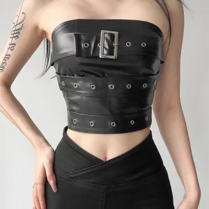 Sylcue Classic Retro Matte Black Mysterious Sexy All-Match Personality Fashionable Summer Travel Cool Women Belt Chest Wrap Vest