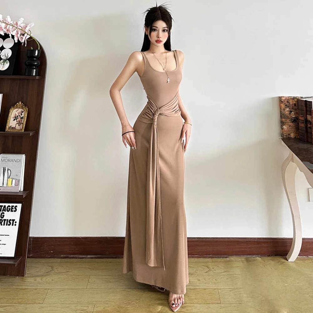 SylCue Ruched Elegant Maxi Dress Women Square Collar Sleeveless Knot Ribbon Summer Holiday Street Casual Simple Skinny Vestidos - Image 5