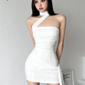 kf-S22f7d6440ff8411981b912953129fe59M Sylcue Summer Bachelor Party White Simple Elegant Mature Beautiful Confident Feminine Sexy Women's Short Tight Dress