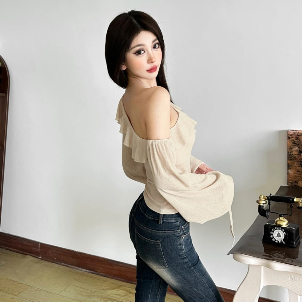 SylCue Ruched Elegant T-Shirts Woman Ruffle Design Skew Collar Backless Shirring Lantern Sleeve Sweet Girl Street Y2K Style Tops - Image 3