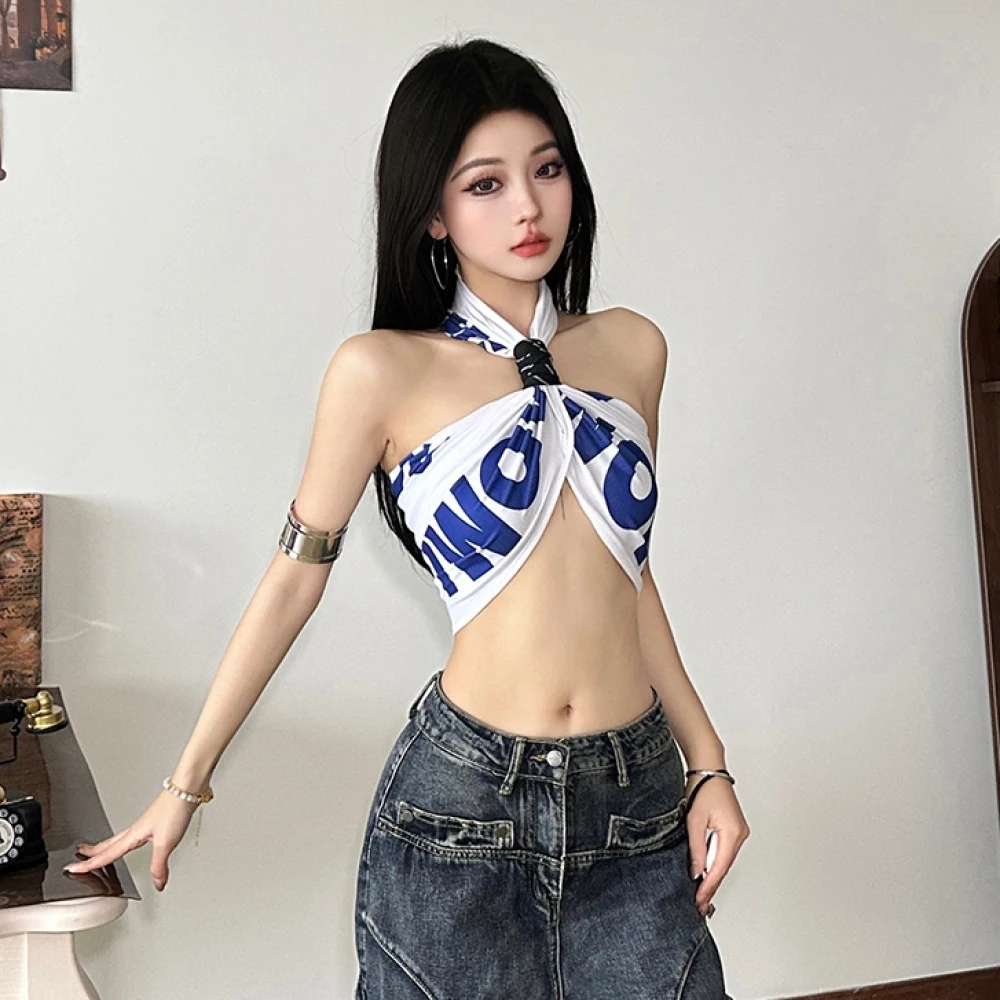 SylCue Sexy Hipster Vest Women Letter Print Halter Off Shoulder Backless Navel Exposed Tops Hip-hop Style Fashion Streetwear