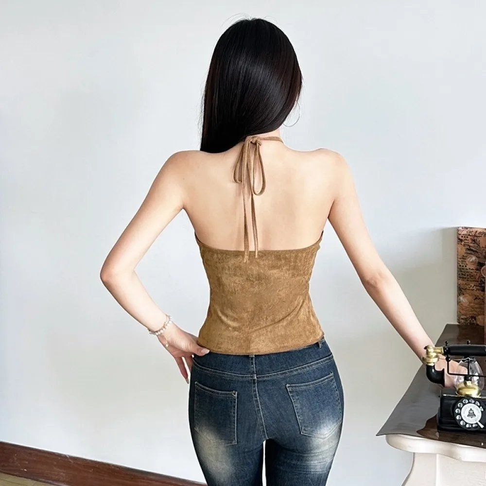 SylCue Tassel Decoration Tank Tops Women Halter Low-Neck Backless Single-Breasted Design Summer High Street Y2K Style Clothing - Image 4