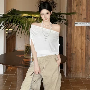 kf-S366e93a27e4f48c8bcd460d6fc39fdf7J SylCue Irregular Oversized Tops Women Ruched Off Shoulders Navel Exposed Fashion Versatile Hip-Hop Style Classic Streetwear