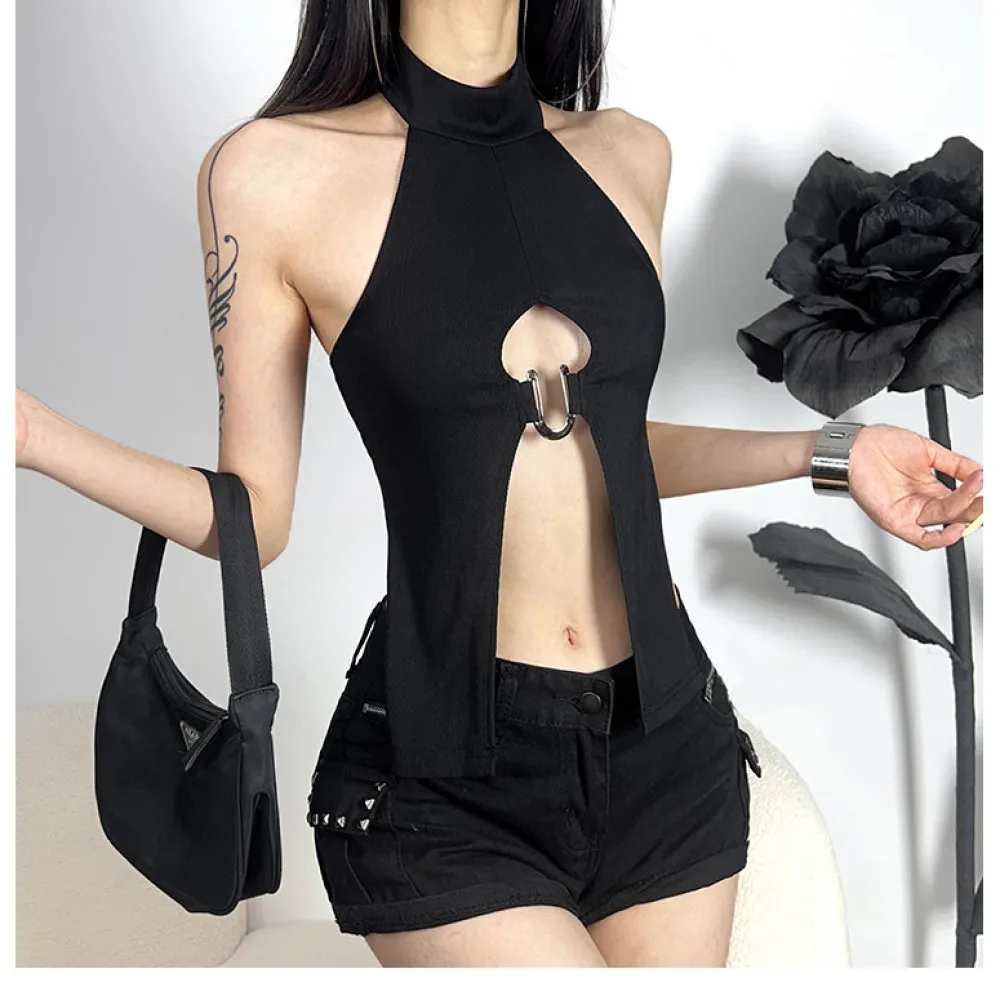 SylCue Irregular Splits Tops Women Button Halter Turtleneck Metal Rings Patchwork Hot Girls Street Wild Style Skinny Outfits - Image 6