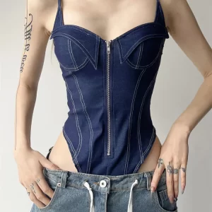 Sylcue 2023 Summer New Classic Retro Cool All-Match High Street Sexy Mature Charm Hot Women'S Zipper Jumpsuit Bodysuit