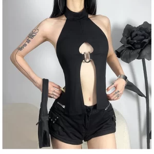 kf-S4f1a566add6f4e47b05afce07d31a9a7q SylCue Irregular Splits Tops Women Button Halter Turtleneck Metal Rings Patchwork Hot Girls Street Wild Style Skinny Outfits