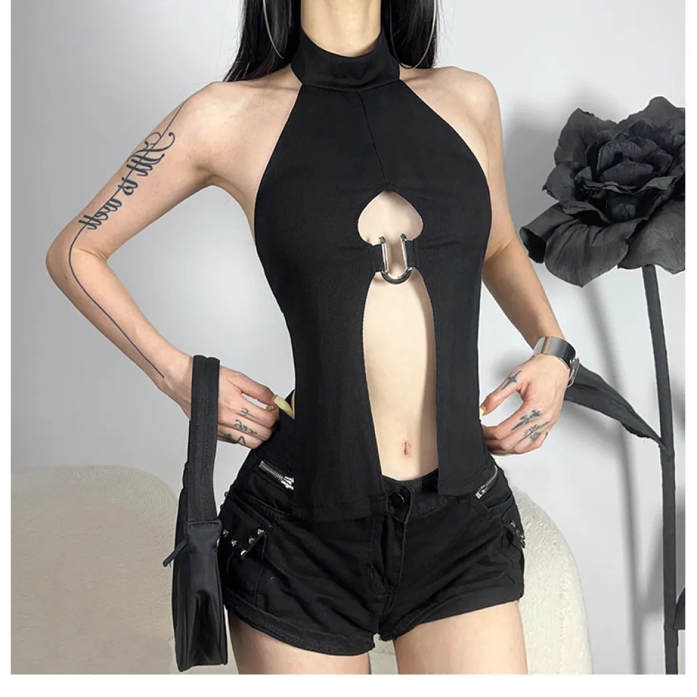 SylCue Irregular Splits Tops Women Button Halter Turtleneck Metal Rings Patchwork Hot Girls Street Wild Style Skinny Outfits