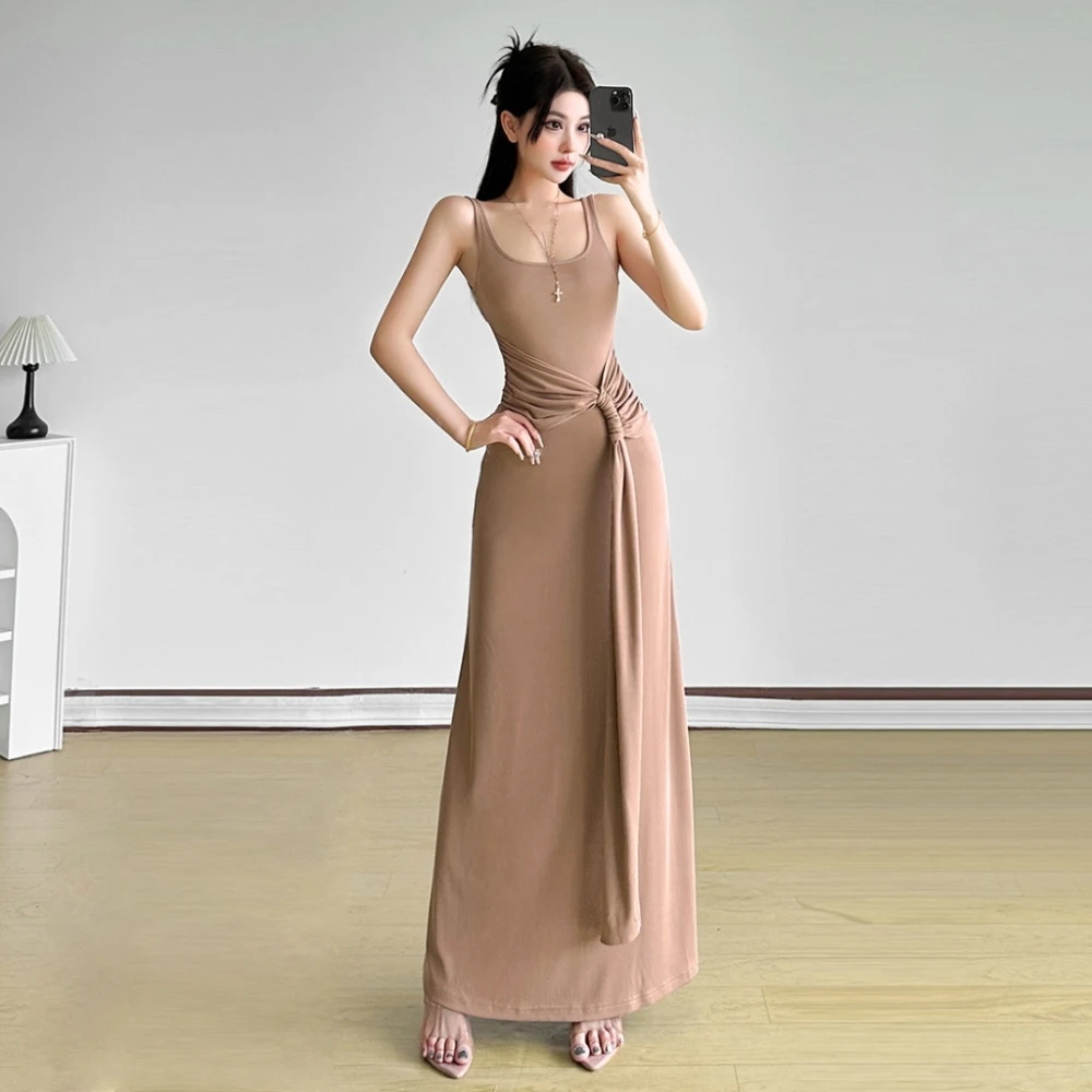 SylCue Ruched Elegant Maxi Dress Women Square Collar Sleeveless Knot Ribbon Summer Holiday Street Casual Simple Skinny Vestidos - Image 6