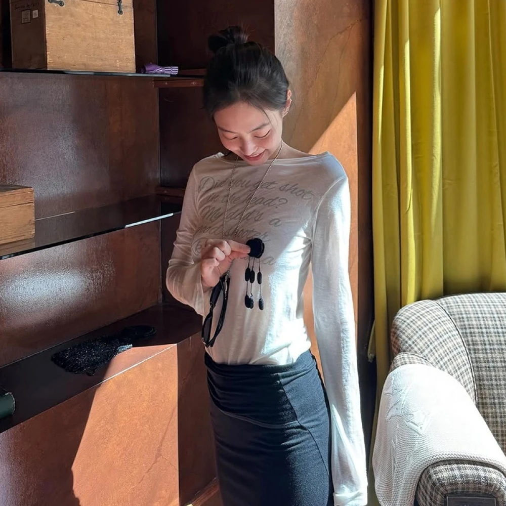 SylCue Letter Print T-Shirts Women Autumn New Trend o-Neck Full Sleeve Street Casual Fashion Versatile Style Elegant Clothing - Image 3