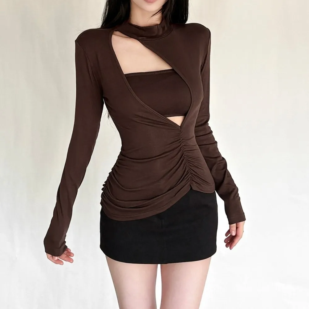 SylCue Irregular Hollow Design T-Shirts Woman Autumn Trend Tube Tops+Turtleneck Full Sleeve Skinny Stretch Casyal Fashion Tops - Image 2