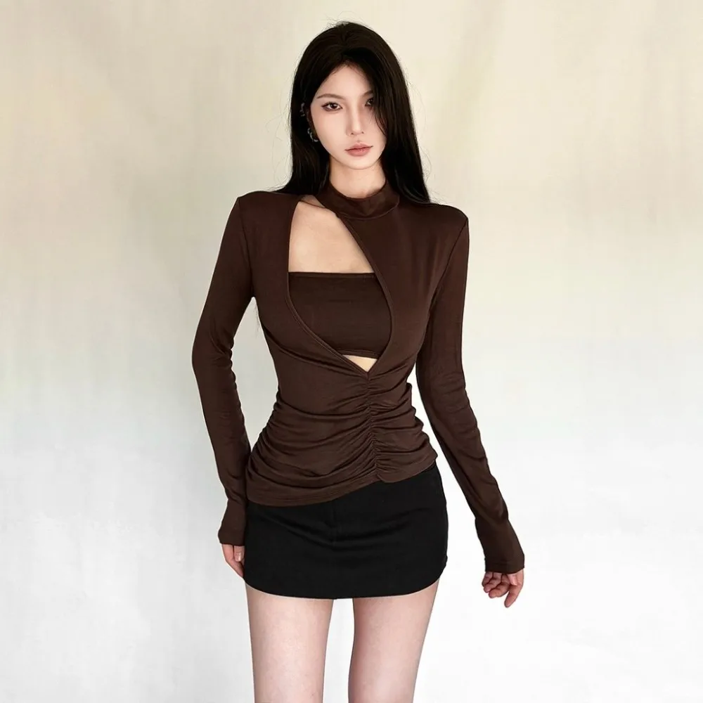 SylCue Irregular Hollow Design T-Shirts Woman Autumn Trend Tube Tops+Turtleneck Full Sleeve Skinny Stretch Casyal Fashion Tops