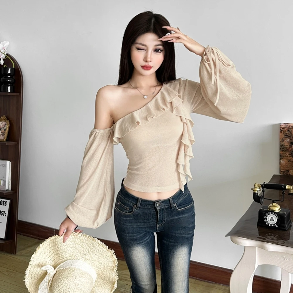 SylCue Ruched Elegant T-Shirts Woman Ruffle Design Skew Collar Backless Shirring Lantern Sleeve Sweet Girl Street Y2K Style Tops - Image 6