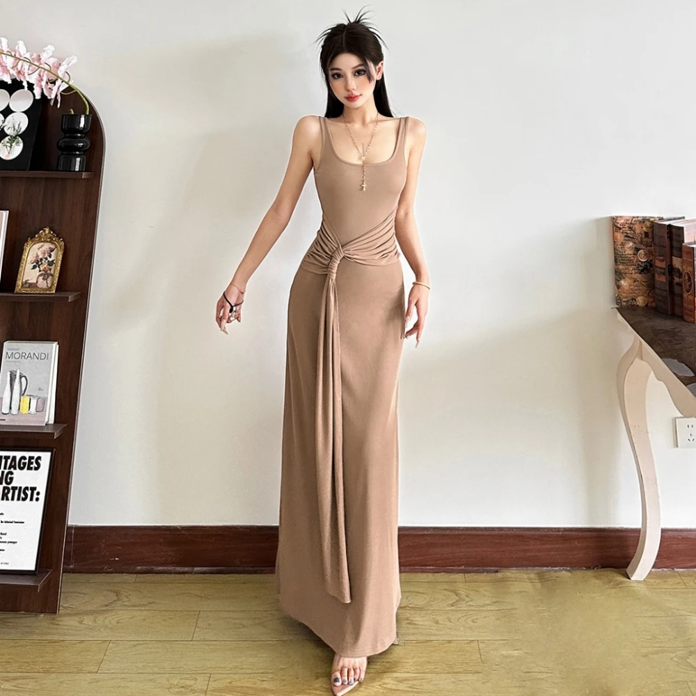 SylCue Ruched Elegant Maxi Dress Women Square Collar Sleeveless Knot Ribbon Summer Holiday Street Casual Simple Skinny Vestidos - Image 2