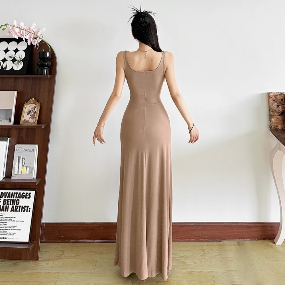 SylCue Ruched Elegant Maxi Dress Women Square Collar Sleeveless Knot Ribbon Summer Holiday Street Casual Simple Skinny Vestidos - Image 4