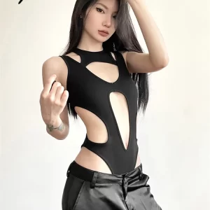 Sylcue Black Mysterious Sexy Hot Nightclub Hollow All-Match Cool Trendy Personality Mature Beautiful Open Women's Tight Jumpsuit