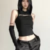 Sylcue Young Girl Black Mysterious Sexy All-Match Casual Simple Trendy Cool Summer Travel Women's Navel Top With Sleeve