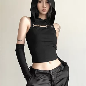 kf-S69976ac923974ebeaf57ff694fd703104 Sylcue Young Girl Black Mysterious Sexy All-Match Casual Simple Trendy Cool Summer Travel Women's Navel Top With Sleeve