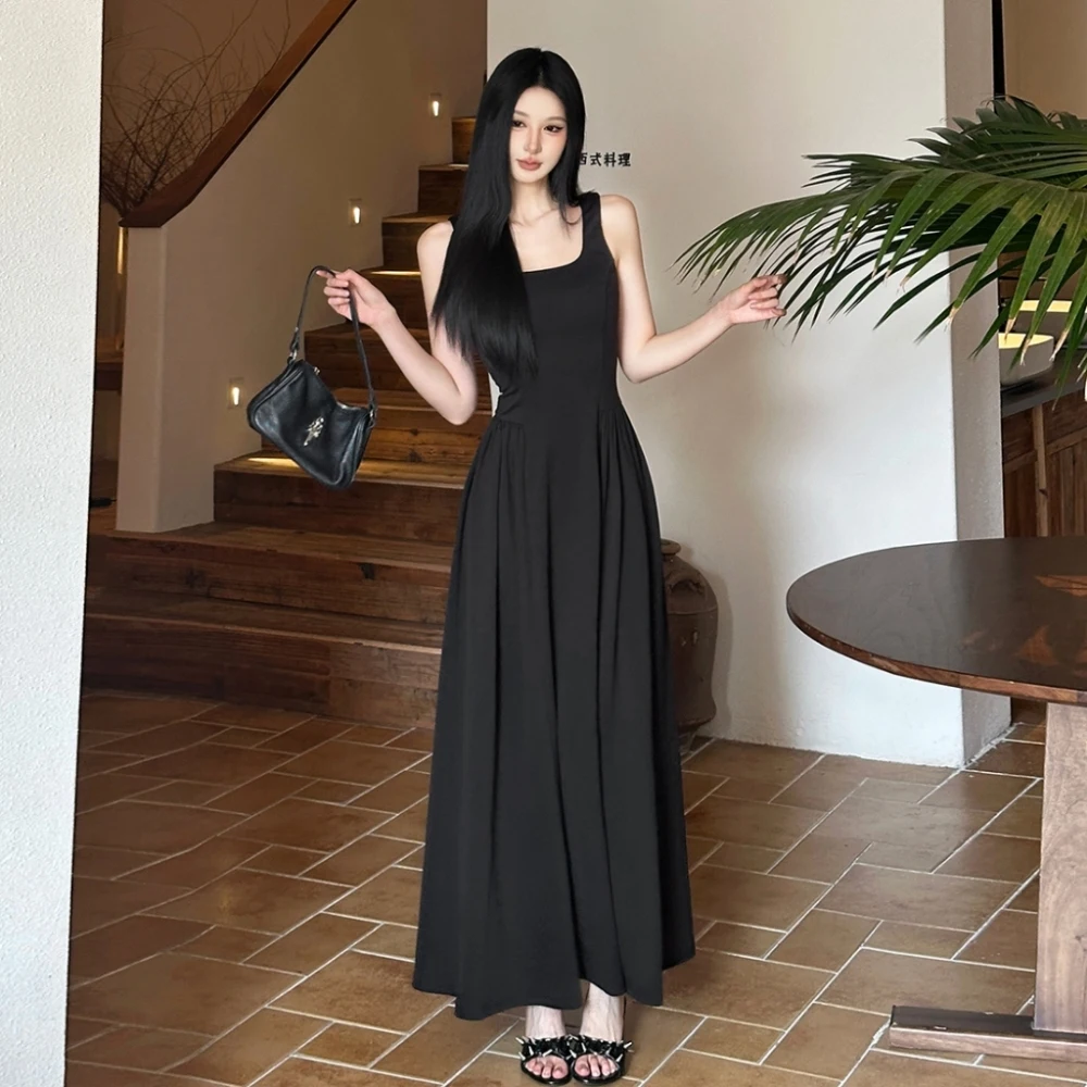 SylCue Ruched Elegant Dress Women Square Collar Off Shoulder Backless Robe Street Casual Solid Simple High Stretch Long Bodycon - Image 2