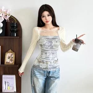 kf-S719508217b5c4c208d590c9b535ae77fg SylCue Vegetation Print T-Shirts Woman Autumn Trend Hollow Design Full Sleeve Street Fashion Casual Simple Elegant Style Tops