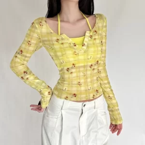 SylCue Rose Print T-Shirts Suit Woman Halter Solid Bra Tops+Low-Neck Full Sleeve Tops Street Fashion Y2K Sweet Style Outfits