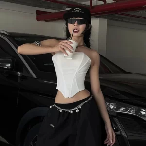 SylCue Sexy Strapless Tank Tops Women Summer Trend Backless Irregular Hem Skinny Shaped Waist Street Fashion Versatile Style Top