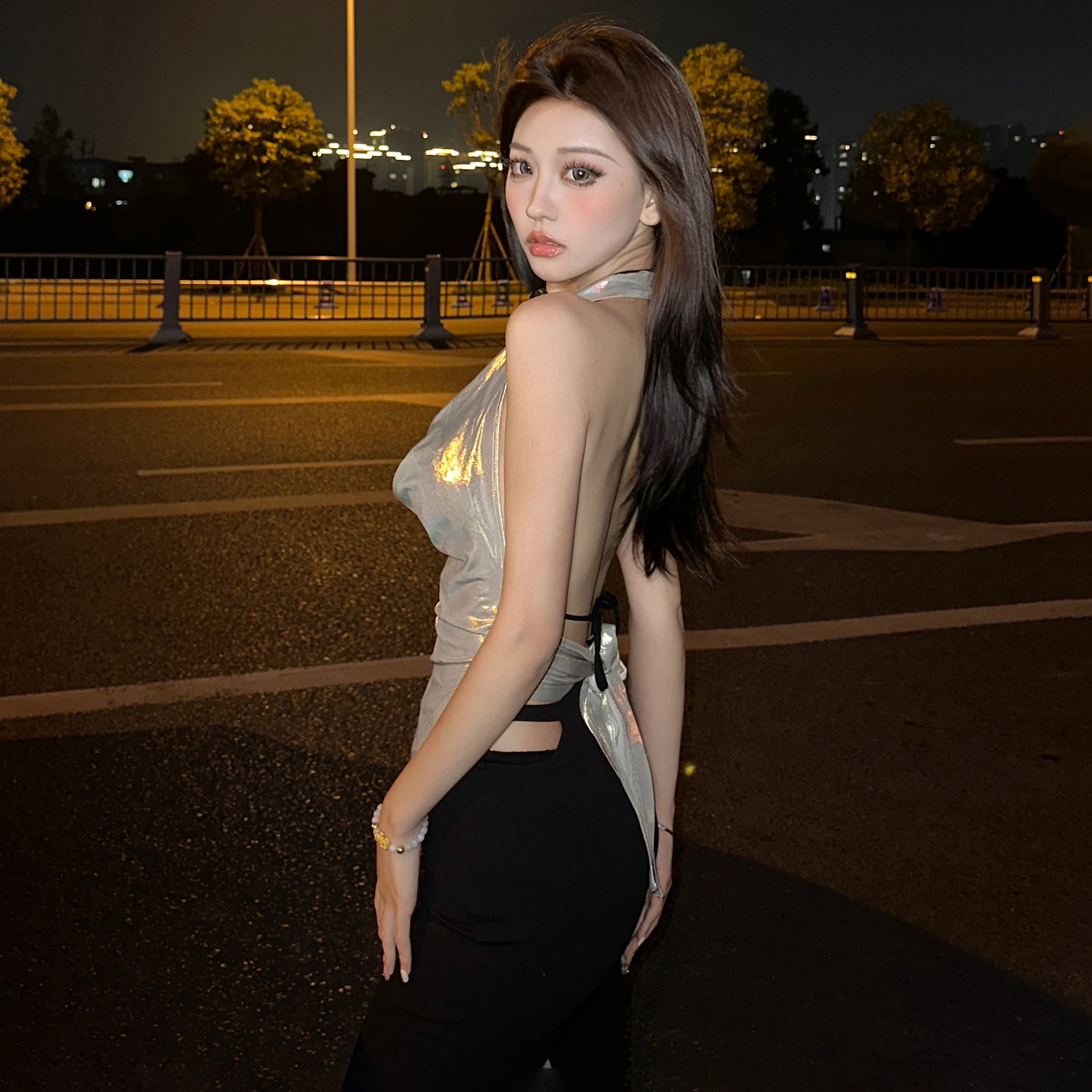 Sylcue Vintage silver All-Match Sweet Gentle Sexy Tight Hot High Street Fashionable Cool Women's Backless Halter Vest - Image 5