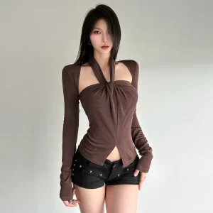 SylCue Female Elegant Vest 2 Piece Woman Solid Full Sleeve Oversleeve+Halter Ruched Splits Navel Exposed Tank Top Street Outfits