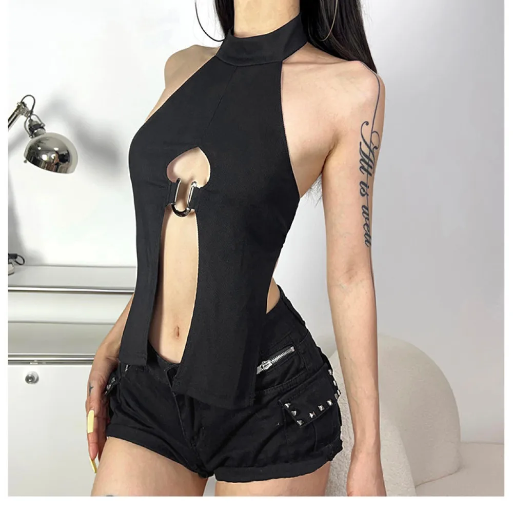 SylCue Irregular Splits Tops Women Button Halter Turtleneck Metal Rings Patchwork Hot Girls Street Wild Style Skinny Outfits - Image 4