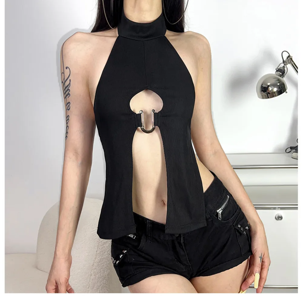 SylCue Irregular Splits Tops Women Button Halter Turtleneck Metal Rings Patchwork Hot Girls Street Wild Style Skinny Outfits - Image 2