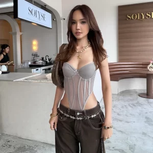 SylCue Sexy Fashion Bodysuits Woman Fake Fishbone Bow Mesh Patchwork Low-Neck Sleeveless Hot Girls Street Wild Style Bodycon