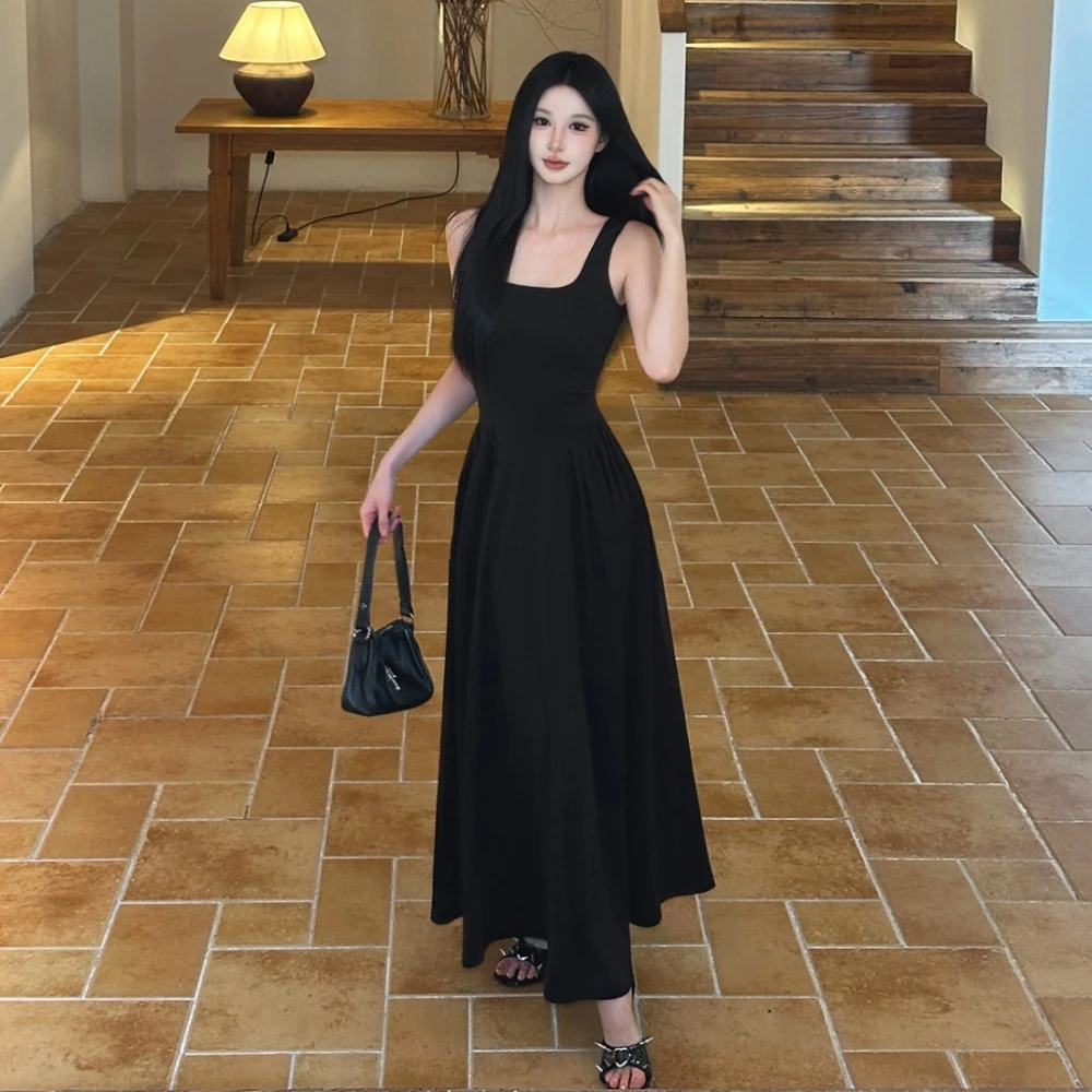 SylCue Ruched Elegant Dress Women Square Collar Off Shoulder Backless Robe Street Casual Solid Simple High Stretch Long Bodycon - Image 3