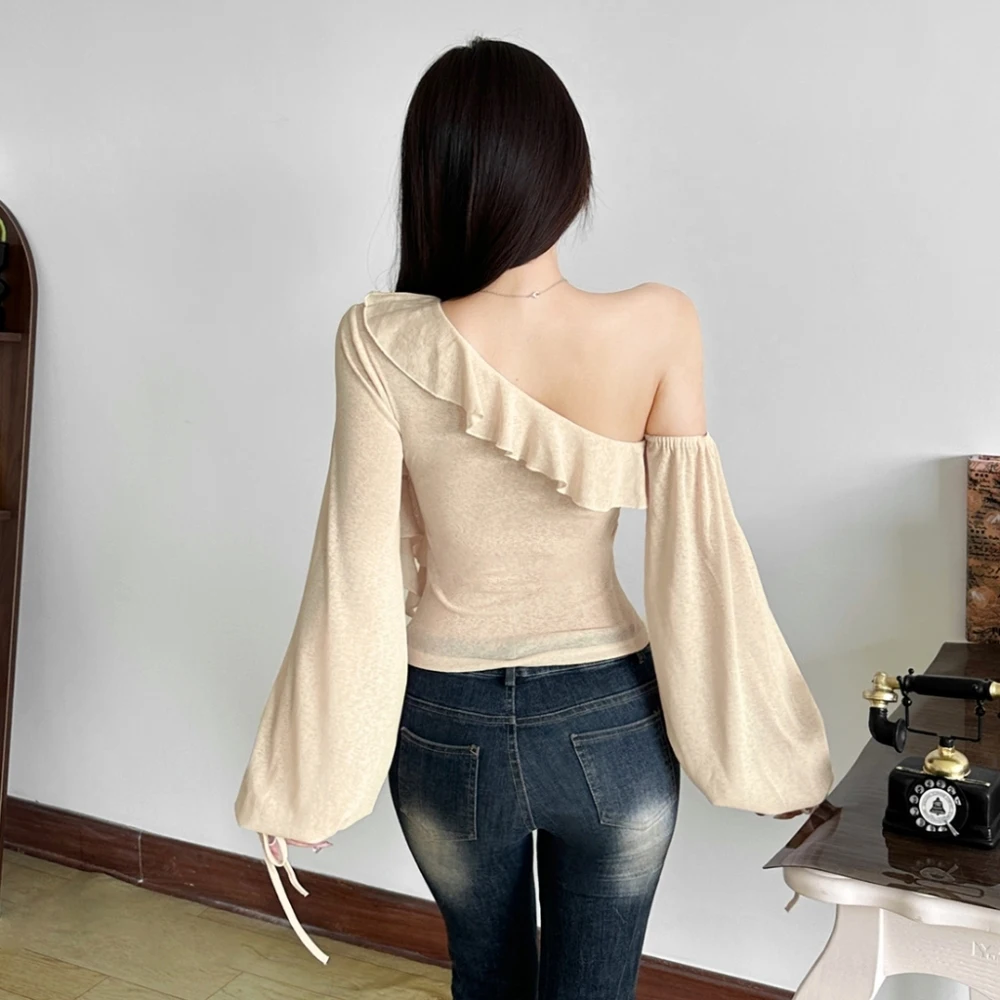 SylCue Ruched Elegant T-Shirts Woman Ruffle Design Skew Collar Backless Shirring Lantern Sleeve Sweet Girl Street Y2K Style Tops - Image 4