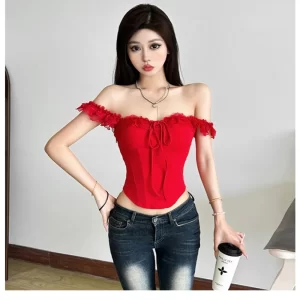 SylCue Mesh Patchwork Tank Tops Women Ruffles Shirring Slash Neck Backless Navel Exposed Hot Girl Street Wild Style Clothing
