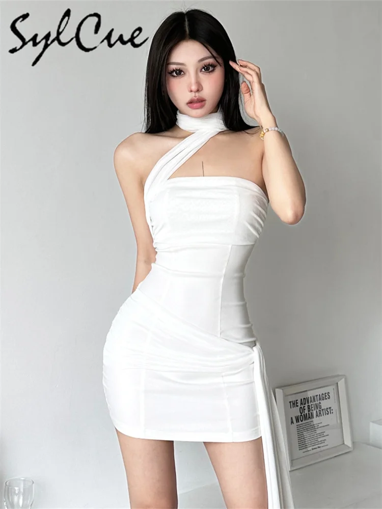 Sylcue Summer Bachelor Party White Simple Elegant Mature Beautiful Confident Feminine Sexy Women's Short Tight Dress - Image 3