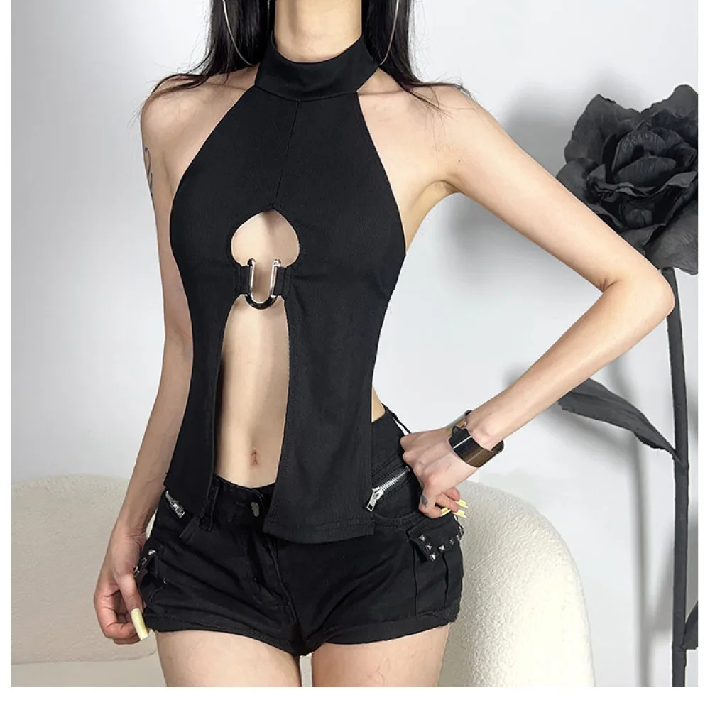 SylCue Irregular Splits Tops Women Button Halter Turtleneck Metal Rings Patchwork Hot Girls Street Wild Style Skinny Outfits - Image 3