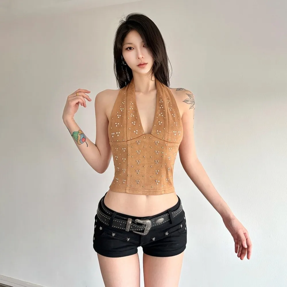 SylCue Patchwork Design Tank Tops Women Summer Trend Halter Backless Navel Exposed Street Versatile Style Skinny Elegant Tops - Image 3