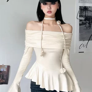 Sylcue Solid Color Rose Elegant Gentle Feminine Mature All-Match Elegant Women'S Thin Irregular Ruffled Off-Shoulder Top