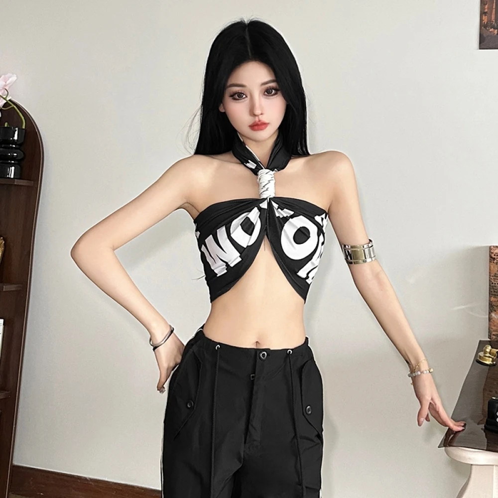 SylCue Sexy Hipster Vest Women Letter Print Halter Off Shoulder Backless Navel Exposed Tops Hip-hop Style Fashion Streetwear - Image 5