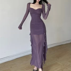 kf-Scc3ea1ebeaa24f4e9c9c77c8514233d0n Sylcue Winter Party Queen Purple Mature Sexy Beautiful Confident Elegant Graceful Women'S Translucent Thin Straight Dress