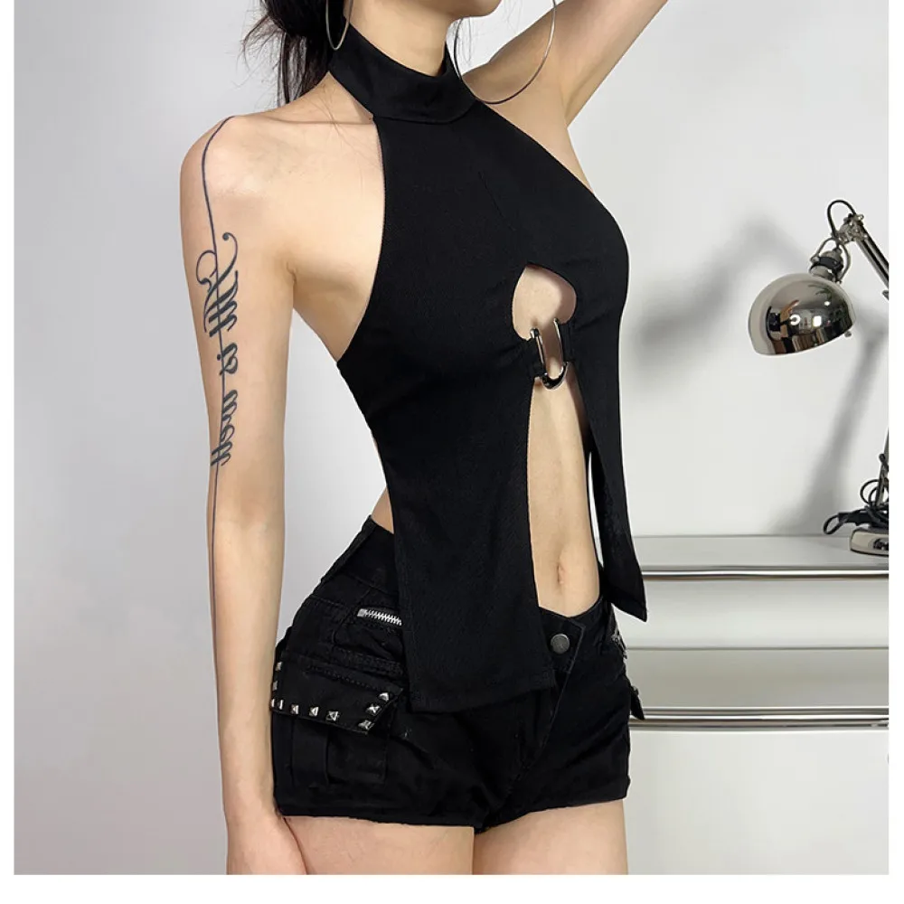 SylCue Irregular Splits Tops Women Button Halter Turtleneck Metal Rings Patchwork Hot Girls Street Wild Style Skinny Outfits - Image 5