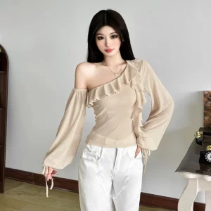 SylCue Ruched Elegant T-Shirts Woman Ruffle Design Skew Collar Backless Shirring Lantern Sleeve Sweet Girl Street Y2K Style Tops