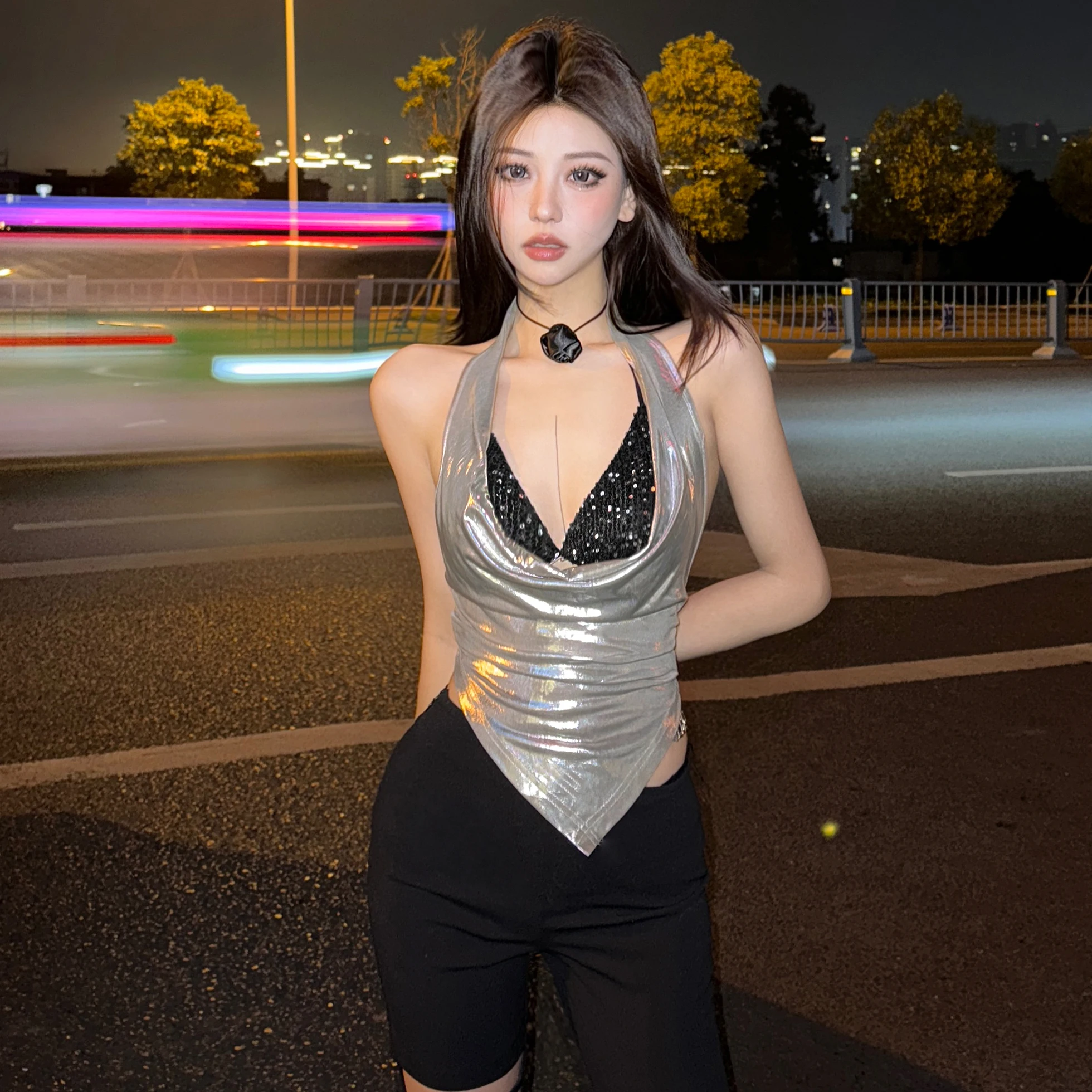 Sylcue Vintage silver All-Match Sweet Gentle Sexy Tight Hot High Street Fashionable Cool Women's Backless Halter Vest