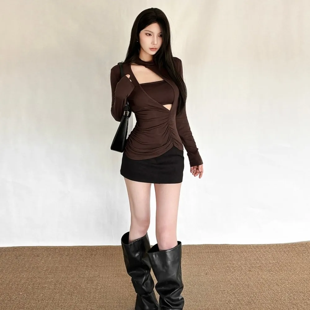 SylCue Irregular Hollow Design T-Shirts Woman Autumn Trend Tube Tops+Turtleneck Full Sleeve Skinny Stretch Casyal Fashion Tops - Image 5